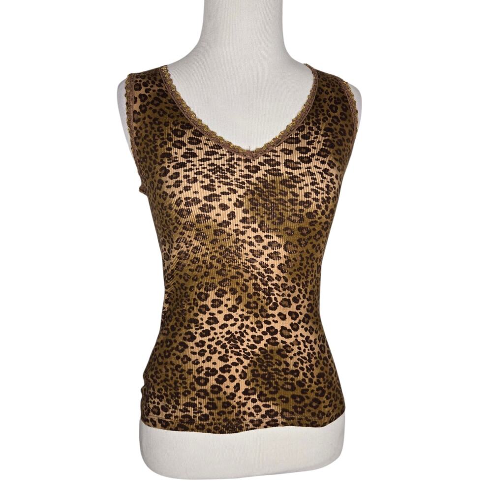 Vintage Y2K Rave Leopard Print Tank Fitted Ribbed Sequin Bling 90s Women Medium